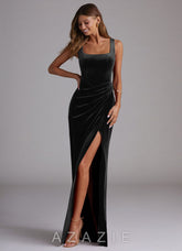 Azazie Mero Black Mermaid Pleated Velvet Dress