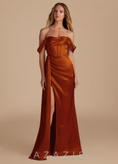 Azazie Amyra Auburn Mermaid Sweetheart Neckline Metallic Satin Convertible Dress auburn