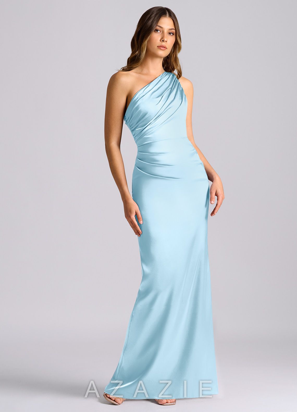 Azazie Akilah Sky Blue Mermaid One Shoulder Stretch Satin Dress