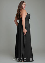 Azazie Sarella Black A-Line Pleated Stretch Satin Dress black