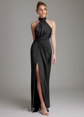 Azazie Gracelynn Black Sheath Pleated Stretch Satin Dress