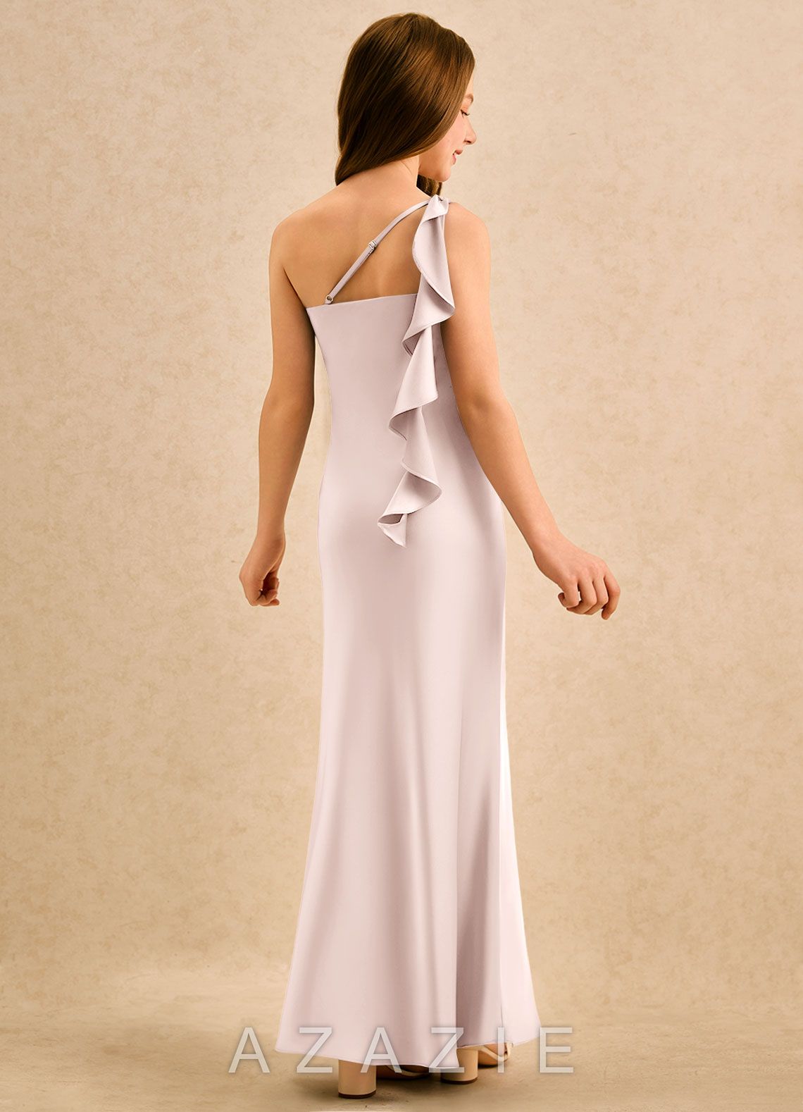 Azazie Almond Girls Formal Blushing Pink Sheath One Shoulder Stretch Satin Dress