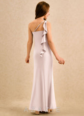 Azazie Almond Girls Formal Blushing Pink Sheath One Shoulder Stretch Satin Dress