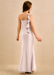 Azazie Almond Girls Formal Blushing Pink Sheath One Shoulder Stretch Satin Dress