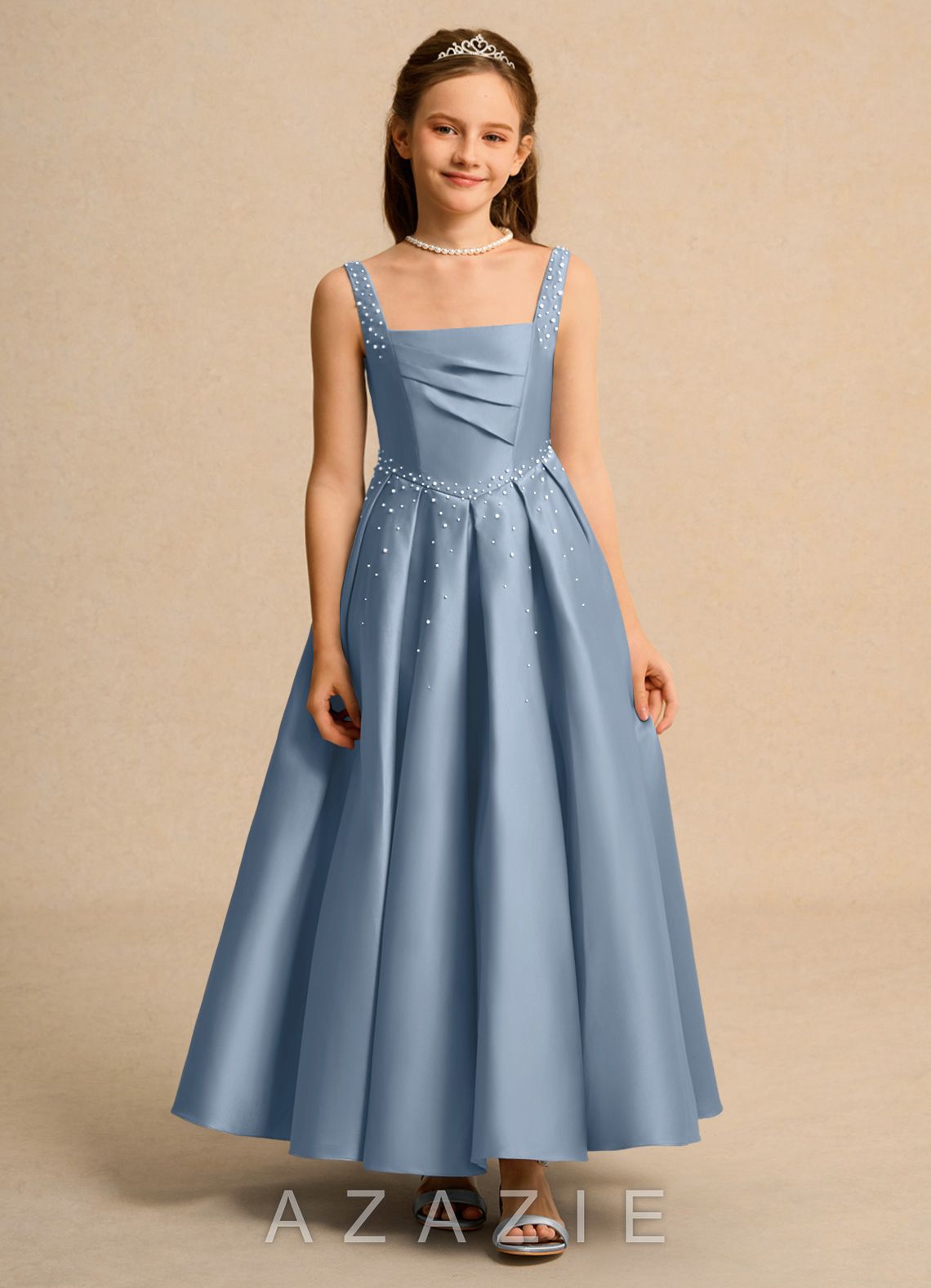 Azazie Mochi Girls Formal Dusty Blue Ball-Gown Pleated Matte Satin Dress
