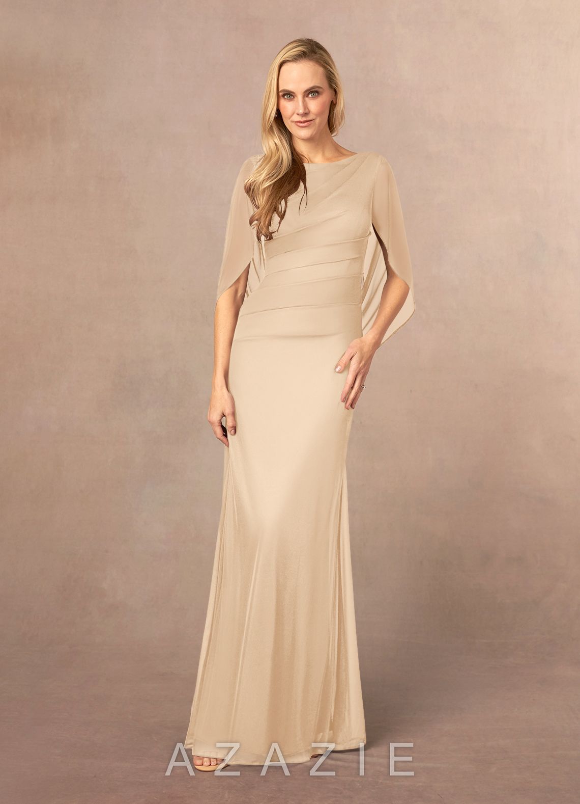 Azazie Belladonna Champagne Mermaid Scoop Pleated Mesh Dress
