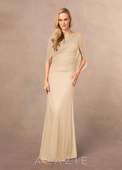 Azazie Belladonna Champagne Mermaid Scoop Pleated Mesh Dress
