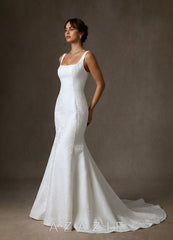 Azazie Quinn Diamond White Mermaid Square Neckline Floral Jacquard Dress diamond_white