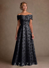 Azazie Harriett Black A-Line Off the Shoulder Floral Jacquard Dress