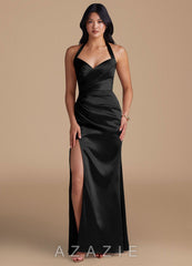 Azazie Emeria Black Sheath Side Slit Metallic Satin Dress