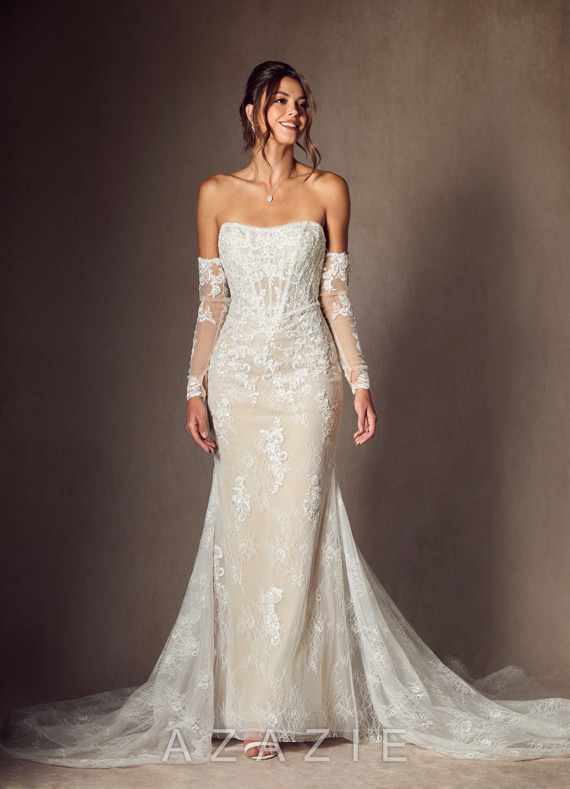 Azazie Caitlin Diamond White Champagne Mermaid Strapless Lace Dress