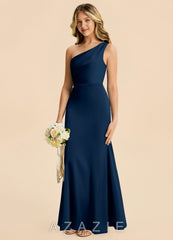 Azazie Ren Junior Dark Navy A-Line Pleated Stretch Satin Dress dark_navy