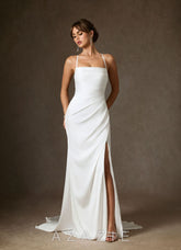 Azazie Kierra Wedding Dress Diamond White Mermaid Pleated Stretch Satin Dress