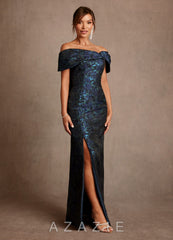 Azazie Zion Dark Navy Sheath Off the Shoulder Floral Jacquard Dress dark_navy