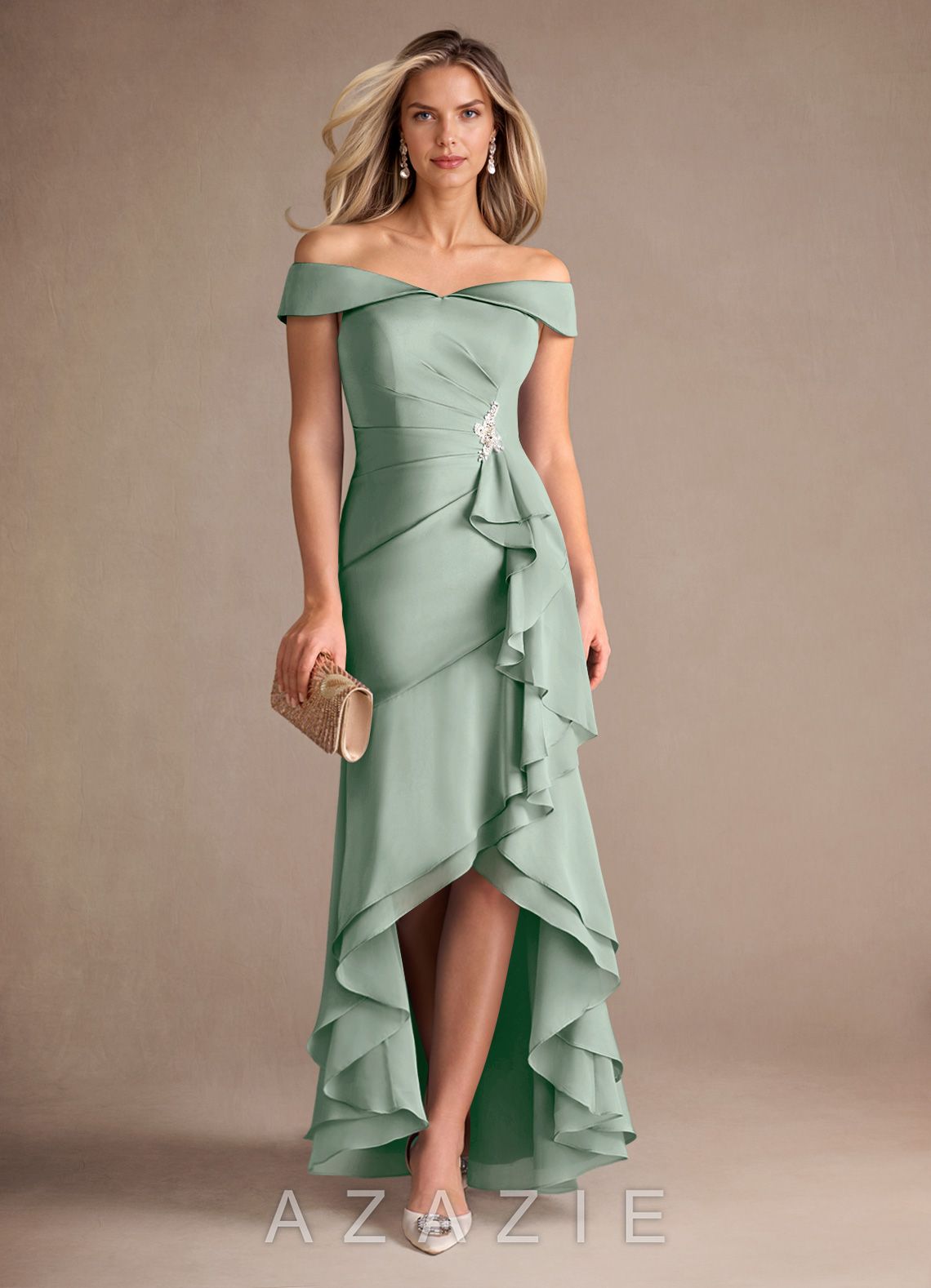 Azazie Billings Agave Mermaid Off the Shoulder Stretch Satin Dress