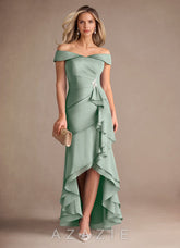 Azazie Billings Agave Mermaid Off the Shoulder Stretch Satin Dress