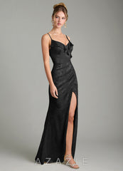 Azazie Larsa Black Mermaid Ruched Floral Jacquard Burnout Dress black