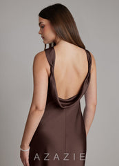 Azazie Dimitra Ganache Sheath Pleated Stretch Satin Dress ganache