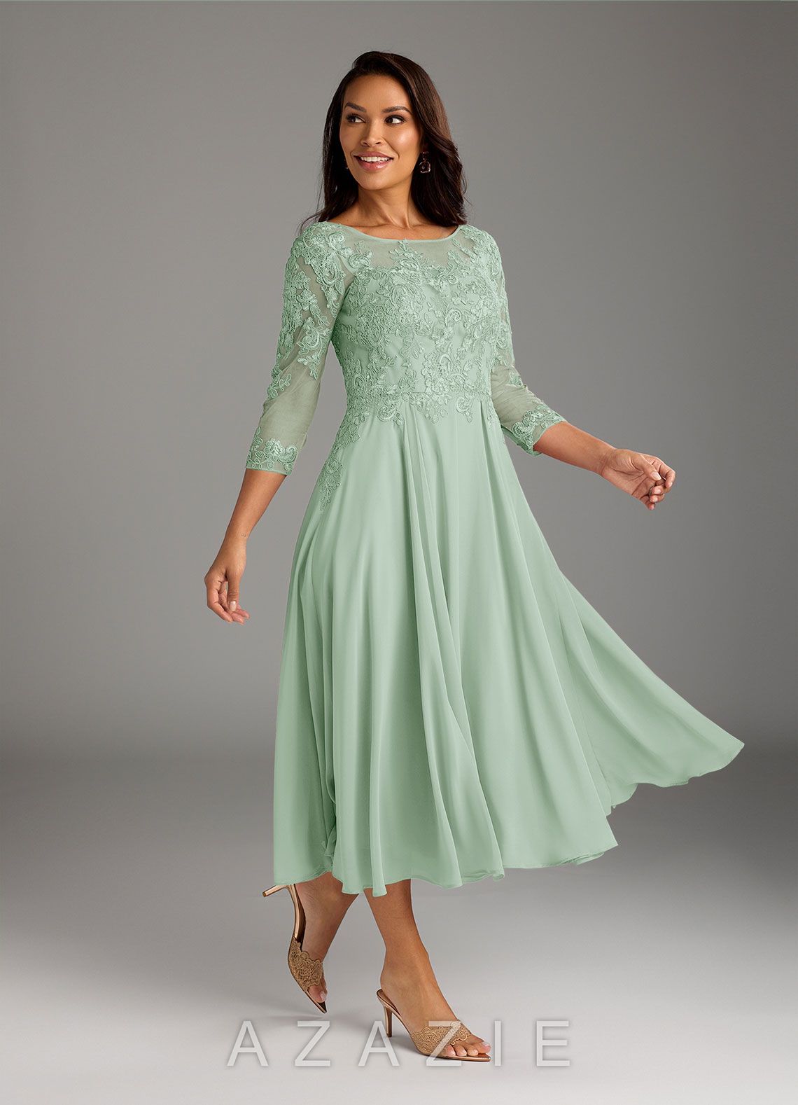 Azazie Marge Agave A-Line Scoop Lace Chiffon Dress