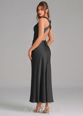 Azazie Evadne Black Sheath Pleated Stretch Satin Dress black