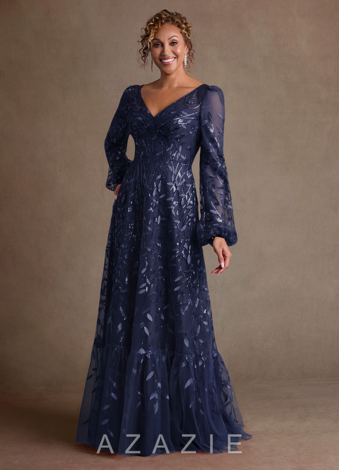 Azazie Mazie Dark Navy A-Line Lace Tulle Dress