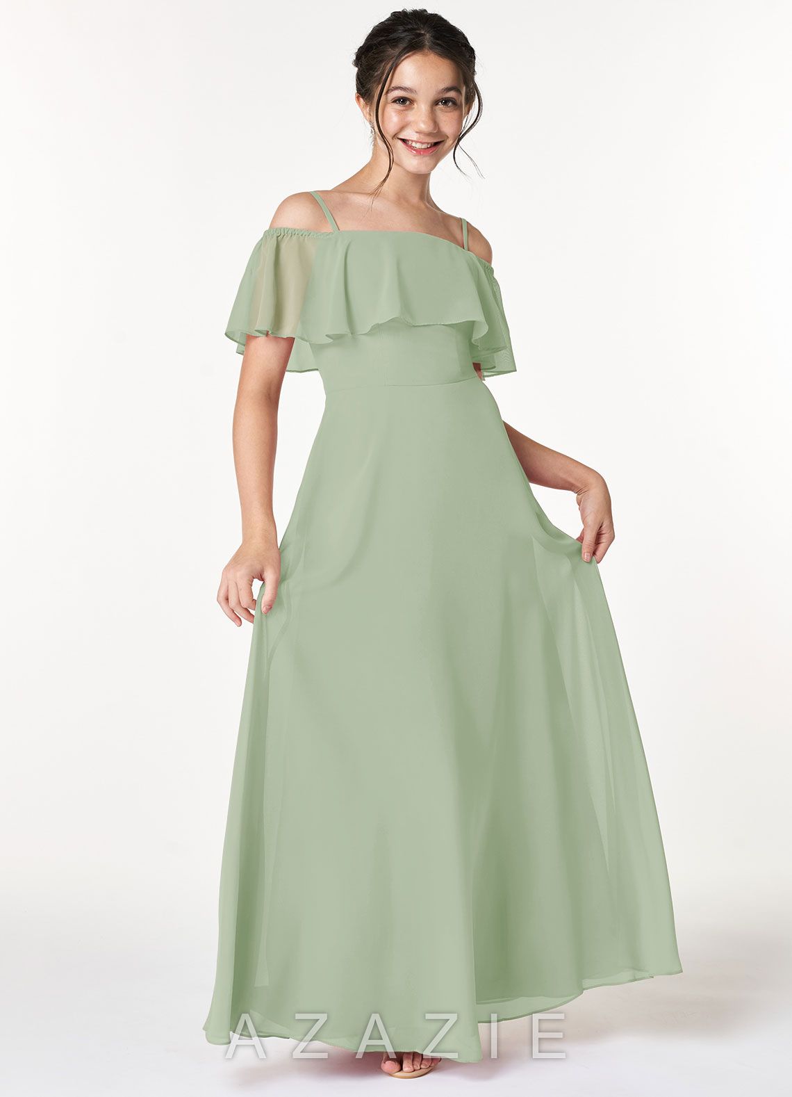 Azazie Maggie Junior Dusty Sage A-Line Off the Shoulder Chiffon Dress