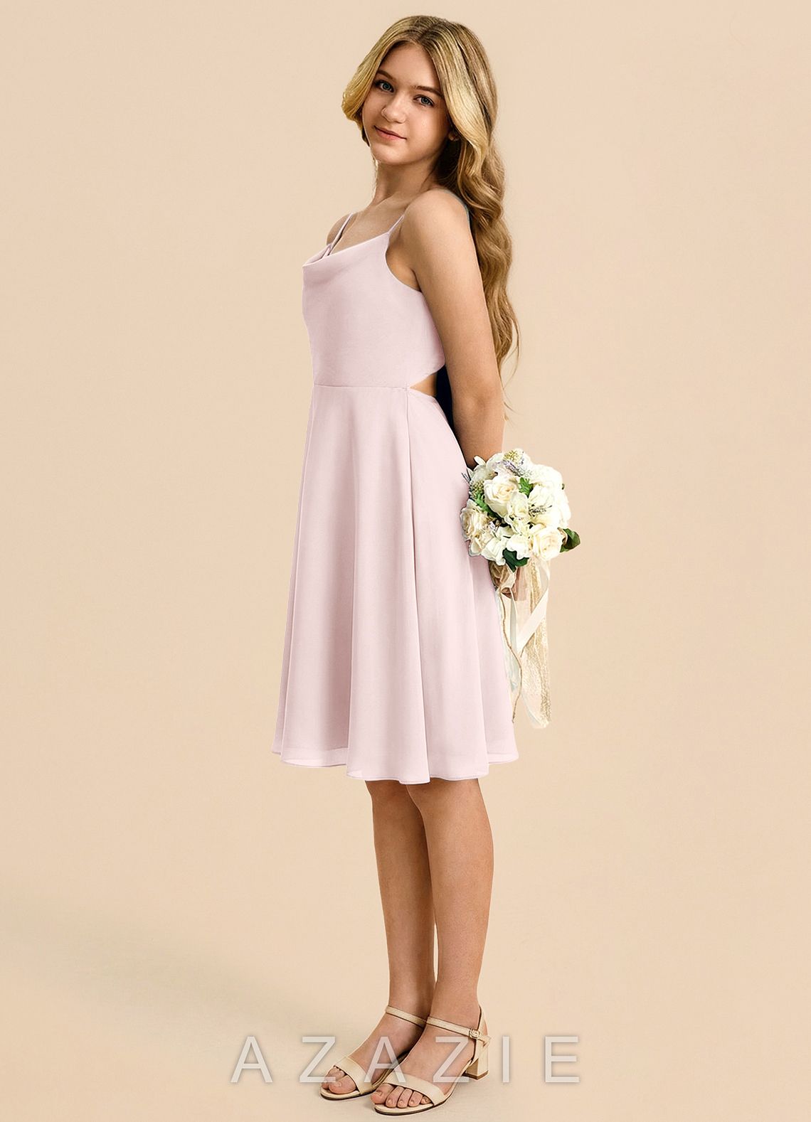 Azazie Shale Junior Blushing Pink A-Line Bow Chiffon Dress
