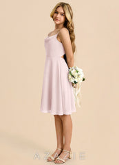 Azazie Shale Junior Blushing Pink A-Line Bow Chiffon Dress
