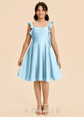 Azazie Kira Junior Sky Blue A-Line Ruched Stretch Satin Dress sky_blue
