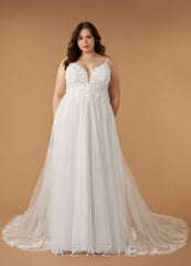 Azazie Arabelle Wedding Dress Diamond White A-Line V-Neck Lace Tulle Dress diamond_white