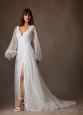 Azazie Gaia Wedding Dress Diamond White A-Line V-Neck Beading Dress