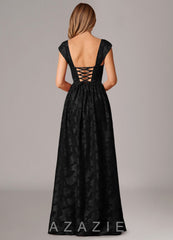 Azazie Hazel Black A-Line Corset Floral Burnout Dress black