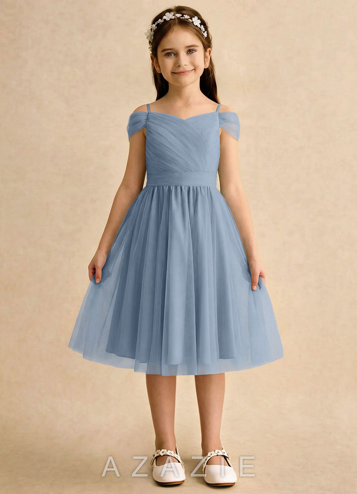 Azazie Lila Girls Formal Dusty Blue A-Line Off the Shoulder Tulle Dress