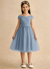 Azazie Lila Girls Formal Dusty Blue A-Line Off the Shoulder Tulle Dress