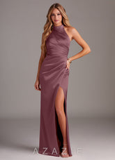 Azazie Jemma Amethyst Sheath Pleated Stretch Satin Dress