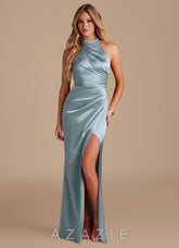 Azazie Jemma Dusty Blue Sheath Pleated Metallic Satin Dress