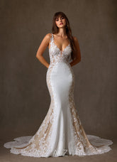 Azazie Estephanie Wedding Dress Diamond White Nude Mermaid Sequins Stretch Crepe Dress