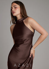 Azazie Dimitra Ganache Sheath Pleated Stretch Satin Dress ganache
