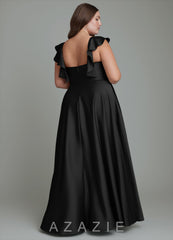 Azazie Leilani Black A-Line Ruched Stretch Satin Dress black