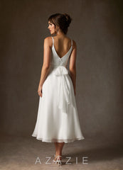 Azazie Kali Wedding Dress Diamond White A-Line V-Neck Pleated Crinkle Chiffon Dr