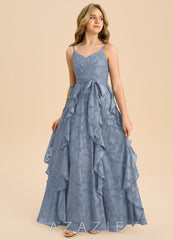 Azazie Peyton Junior Dusty Blue A-Line Pleated Floral Burnout Dress dusty_blue