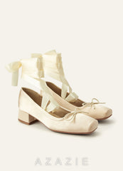 Ballet-Inspired Satin Mary Jane Heels with Detachable Ribbon & Chunky Block Heel champagne