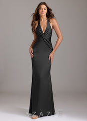Azazie Valerie Black Mermaid Pleated Stretch Satin Dress