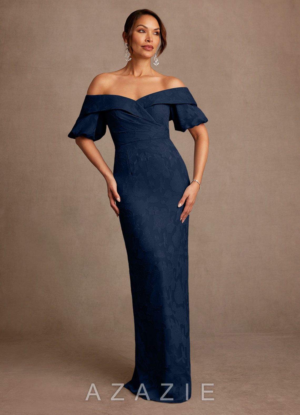 Azazie Golda Dark Navy Sheath Off the Shoulder Floral Burnout Dress