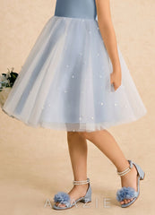 3D Chiffon Floral Pearl Ankle Strap Open Toe Flower Girl's Block Heels for Little & Big Kids dusty_blue