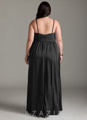 Azazie Alia Black A-Line Pleated Stretch Satin Dress black