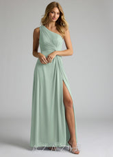 Azazie Brooke Agave A-Line One Shoulder Mesh Dress