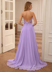 Lolanthe Purple V-neck Floral Embroidery Lace Prom Dress