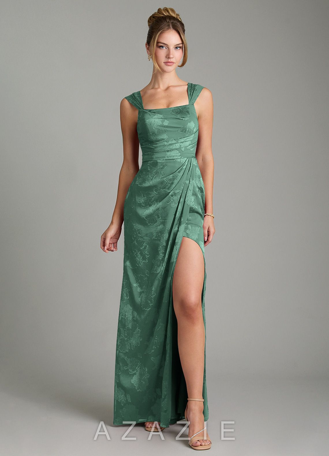 Azazie Kaelis Eucalyptus Mermaid Pleated Floral Jacquard Burnout Dress