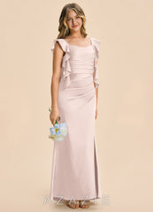 Azazie Jessamine Junior Blushing Pink Sheath Ruched Stretch Satin Dress blushing_pink